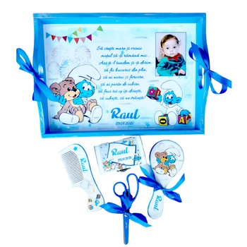 Set personalizat pentru taierea motului, Strumfi, pentru baiat, 5 piese Set personalizat pentru taierea motului, Strumfi, pentru baiat, 5 piese