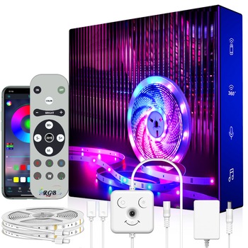 Kit Banda LED Huerler™ Smart RGB 15 metri (2 X 7.5m), Wi-FI, control aplicatie, telecomanda, Bluetooth, lumina Multicolora, Music Sync, control vocal, Led Strip Kit Banda LED Huerler™ Smart RGB 15 metri (2 X 7.5m), Wi-FI, control aplicatie, telecomanda, Bluetooth, lumina Multicolora, Music Sync, control vocal, Led Strip