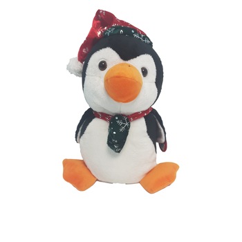 Pinguin de plus, cu fular si fes de Craciun, Care canta Jingle Bells, AMEK, 35 CM Pinguin de plus, cu fular si fes de Craciun, Care canta Jingle Bells, AMEK, 35 CM