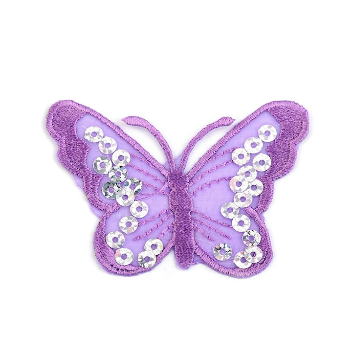 Hőragasztó felhordás, pillangó flitterekkel 4,6 x 6,7 cm, lila