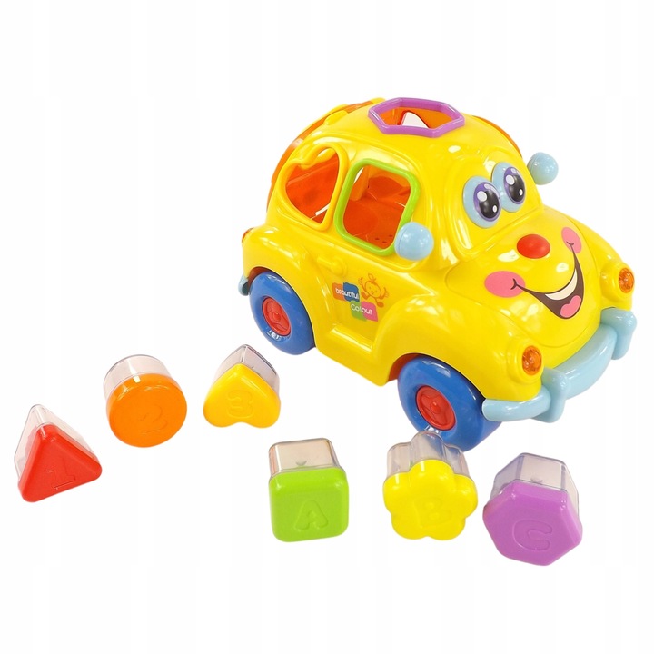 DDE Hungary interaktív autós válogató játék, fényekkel és hangokkal, 6 különböző formájú blokk, betűkkel, számokkal és gyümölcsökkel, 17,5 x 11,5 x 12 cm, többszínű