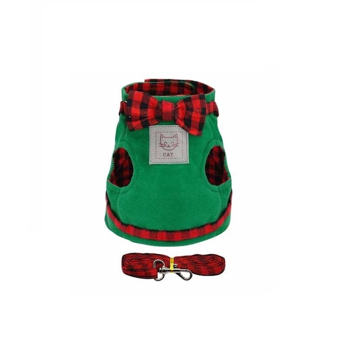 Комплект от 2 броя Harness and Leash, MAKS, за котки, зелени с червени карета, размер S