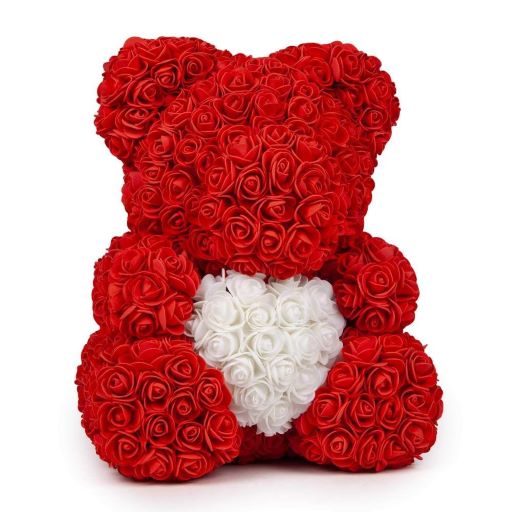Red Teddy Bear decorat cu trandafiri de spuma, 40cm, rosu cu inima alba, cutie inclusa