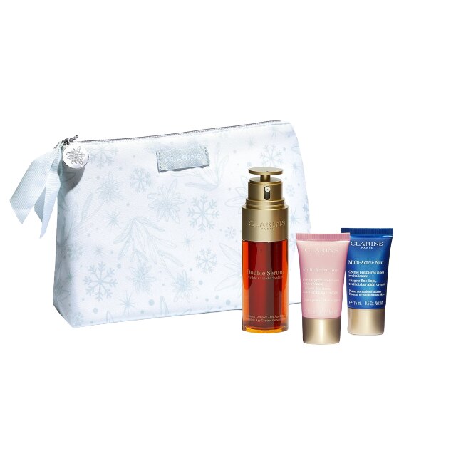 Set ingrijire ten Clarins, Ser antirid Double Serum 50 ml, crema de zi Multi-active 15 ml, crema de noapte Multi-Active 15 ml, portfard