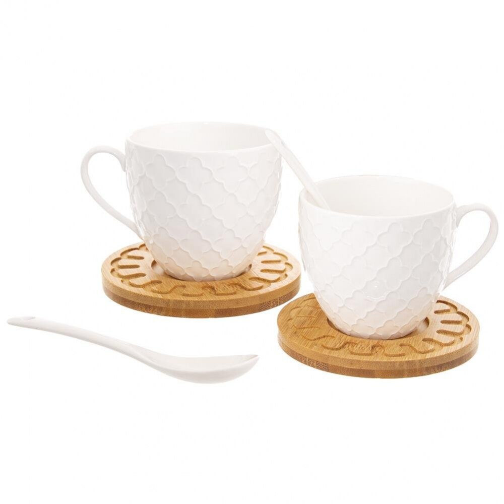 Set 2 Cesti de cafea cu Farfurii Orion Lendi, Portelan/Bambus, 250 ml, Alb/Maro