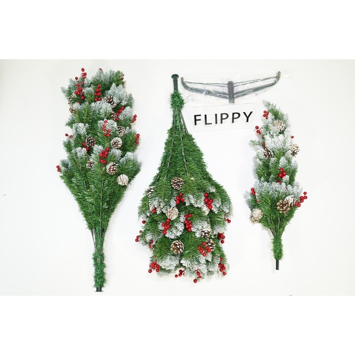 Brad artificial de Craciun nins, decorat cu conuri pin rosii, inaltime 150 cm, diametru 83 cm, 319 ramuri, Southern Sky, verde, suport metalic inclus