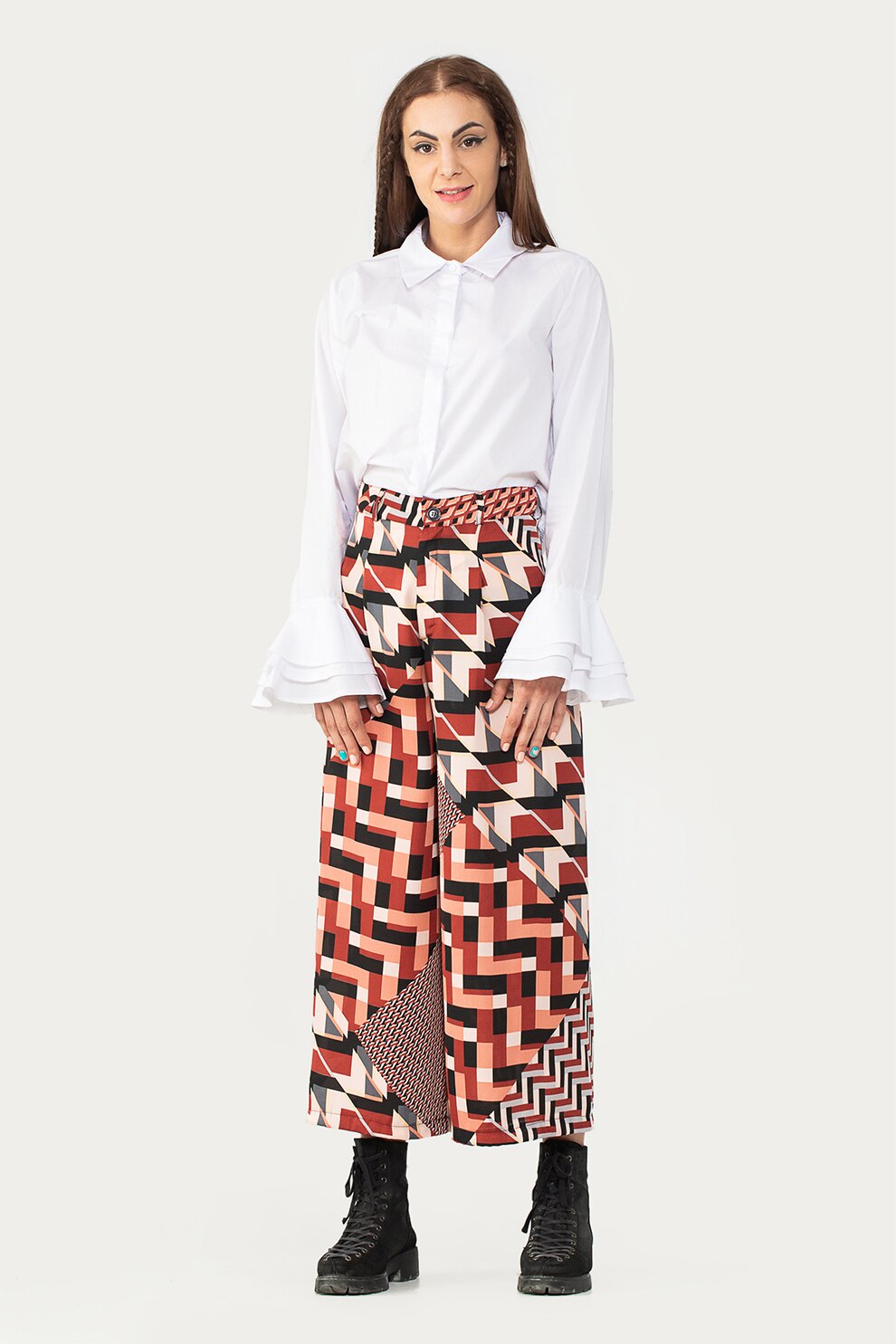 Antonia M, Pantaloni crop vaporosi cu talie inalta, Alb prafuit/Rosu/Negru