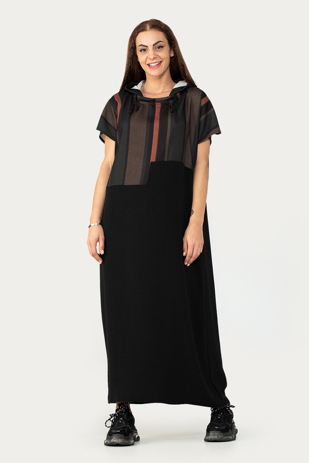 Antonia M, Rochie lejera tip hanorac cu buzunare laterale, Negru/maro inchis/verde forest