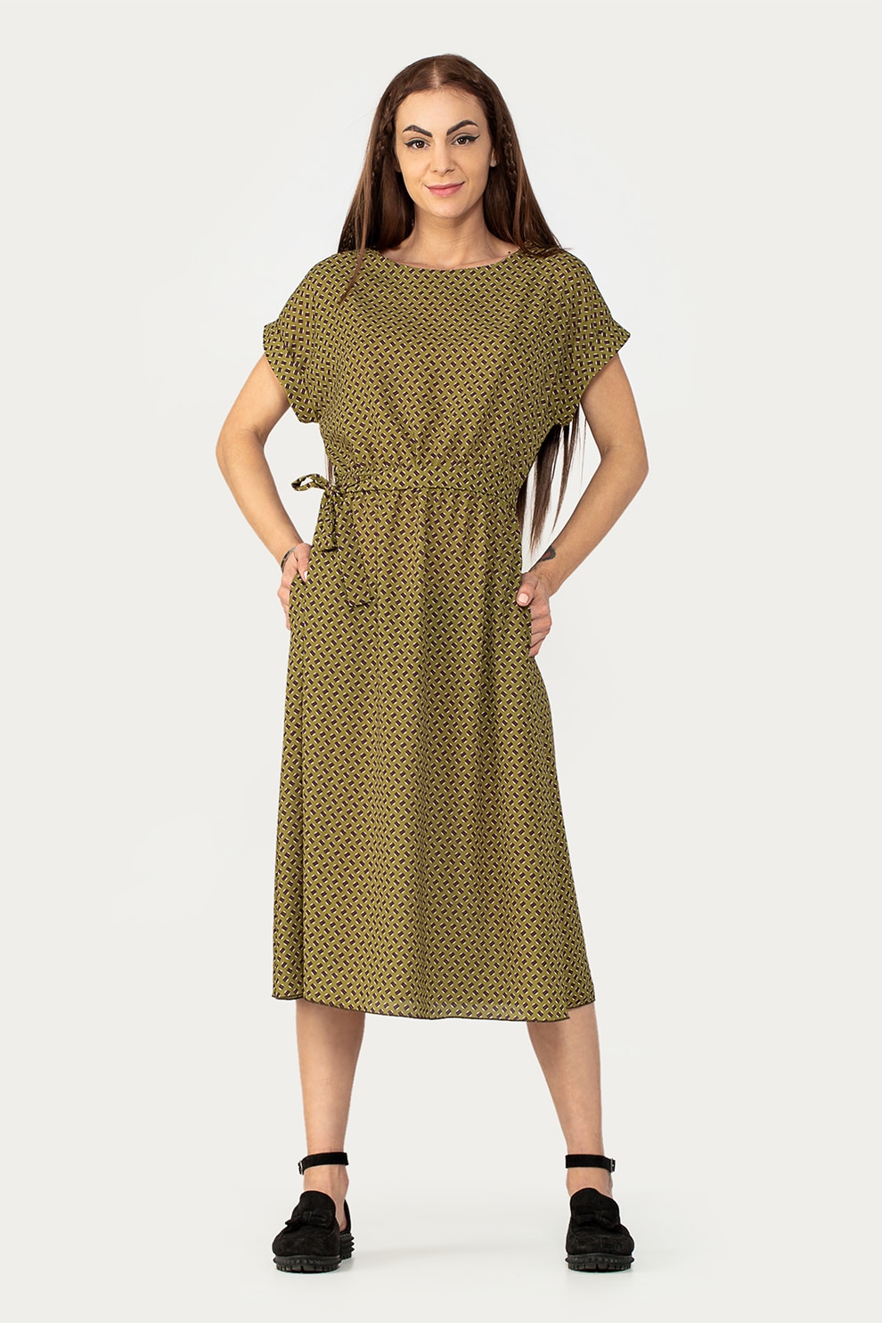 Antonia M, Rochie midi cu imprimeu geometric, Verde oliv/violet aubergine