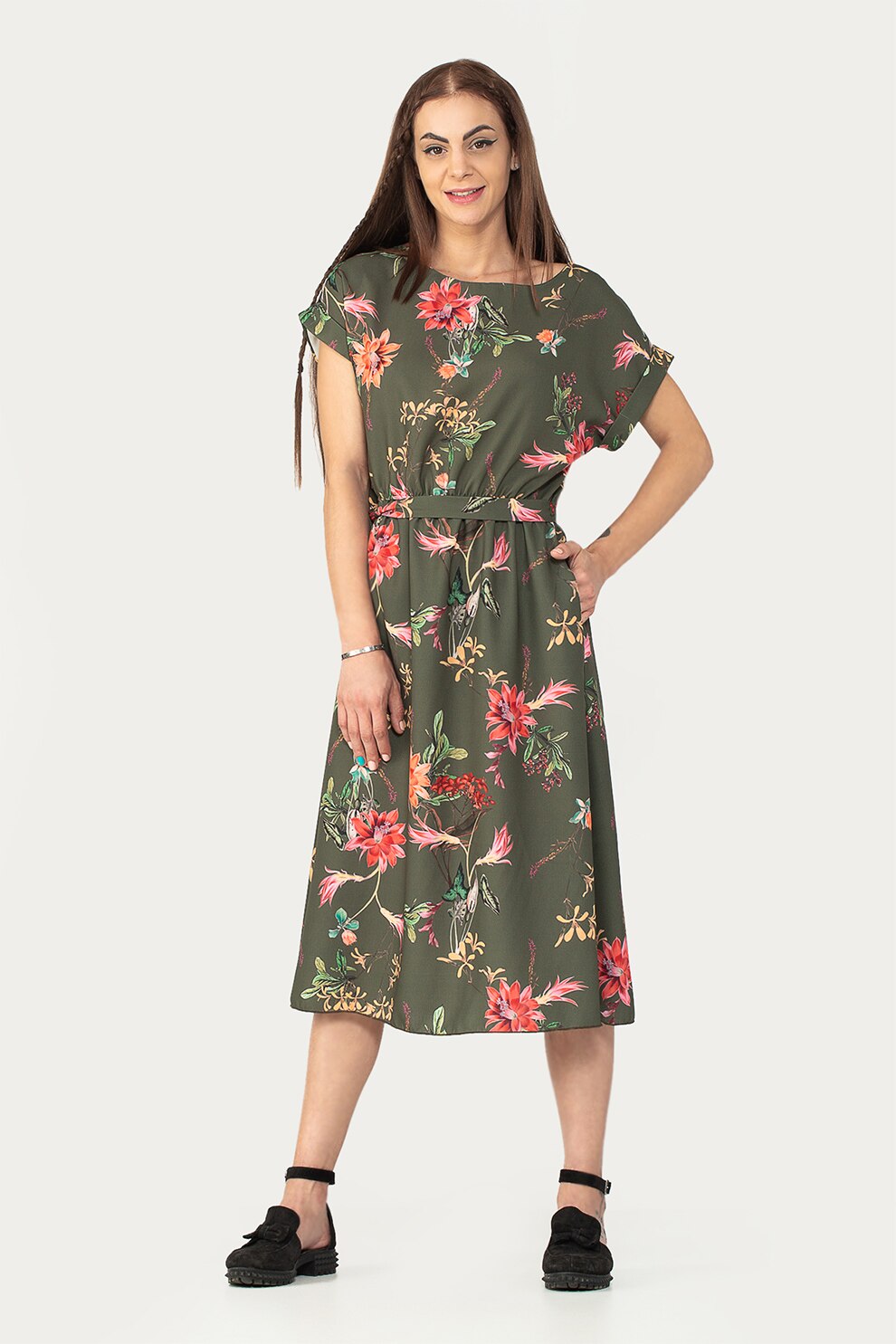 Antonia M, Rochie midi cu imprimeu si cordon asortat in talie, Kaki/rosu/galben pal