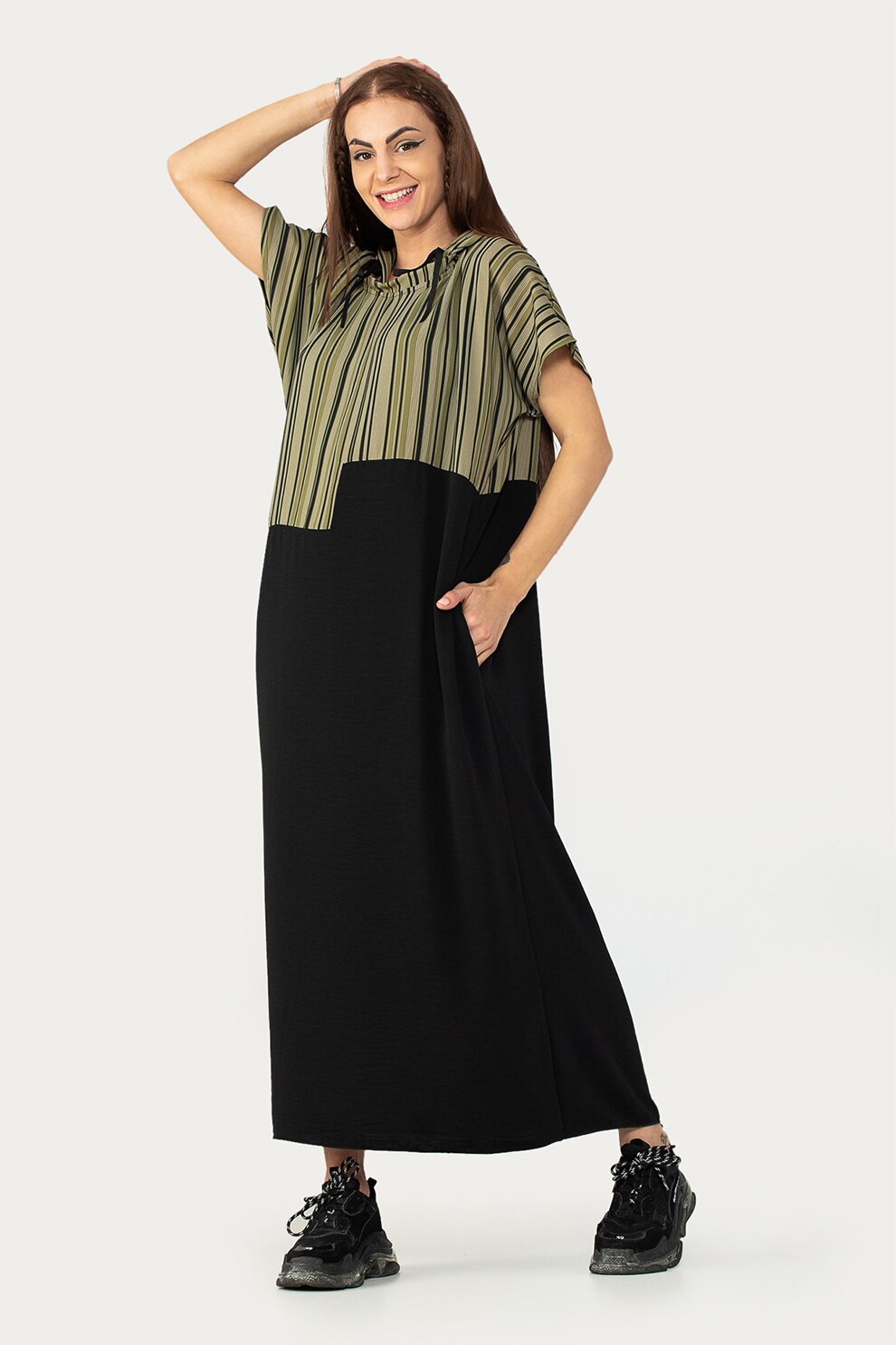 Antonia M, Rochie lejera tip hanorac cu buzunare laterale, Negru/Verde sparanghel