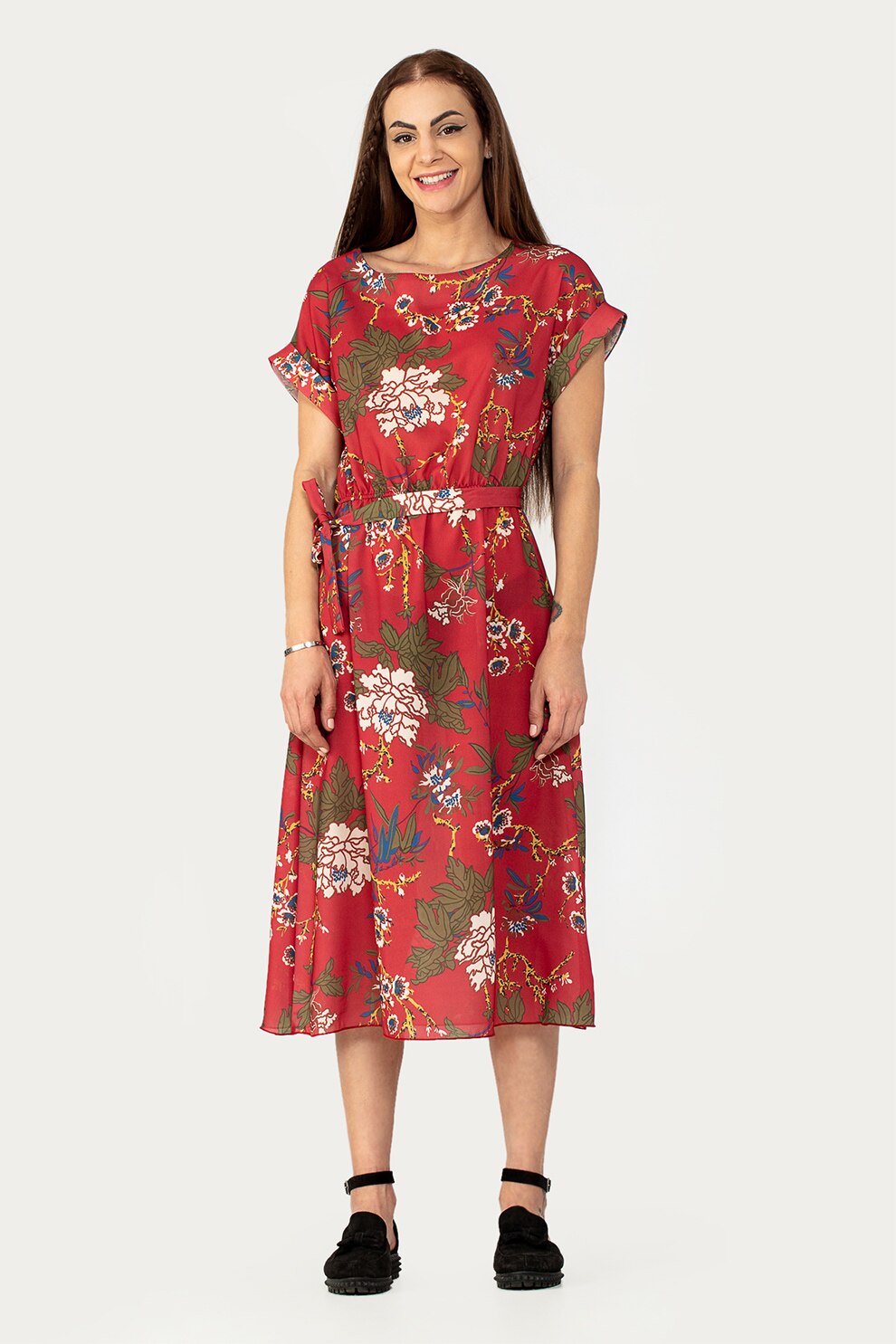 Antonia M, Rochie midi cu imprimeu si cordon asortat in talie, Rosu inchis/kaki/alb