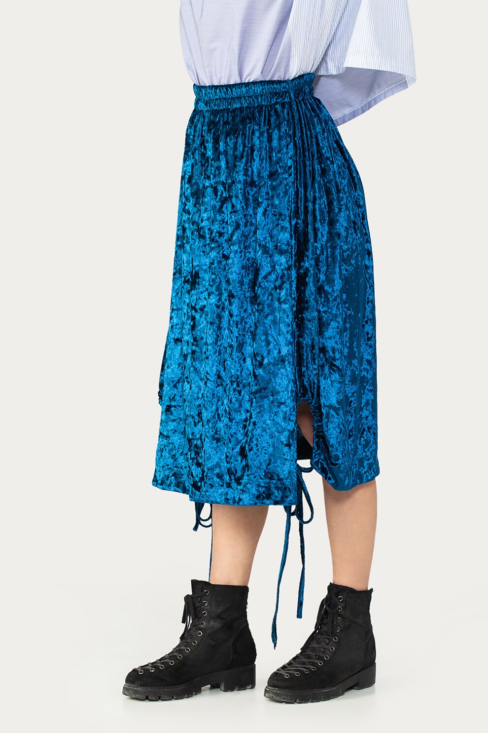 Antonia M, Fusta midi catifelata cu snur de ajustare la terminatie, Albastru royal
