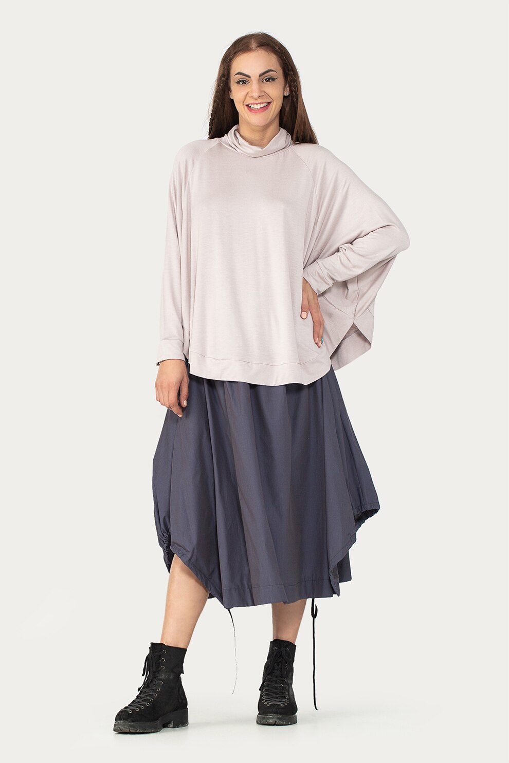 Antonia M, Fusta midi evazata cu terminatie asimetrica, Gri carbune, S