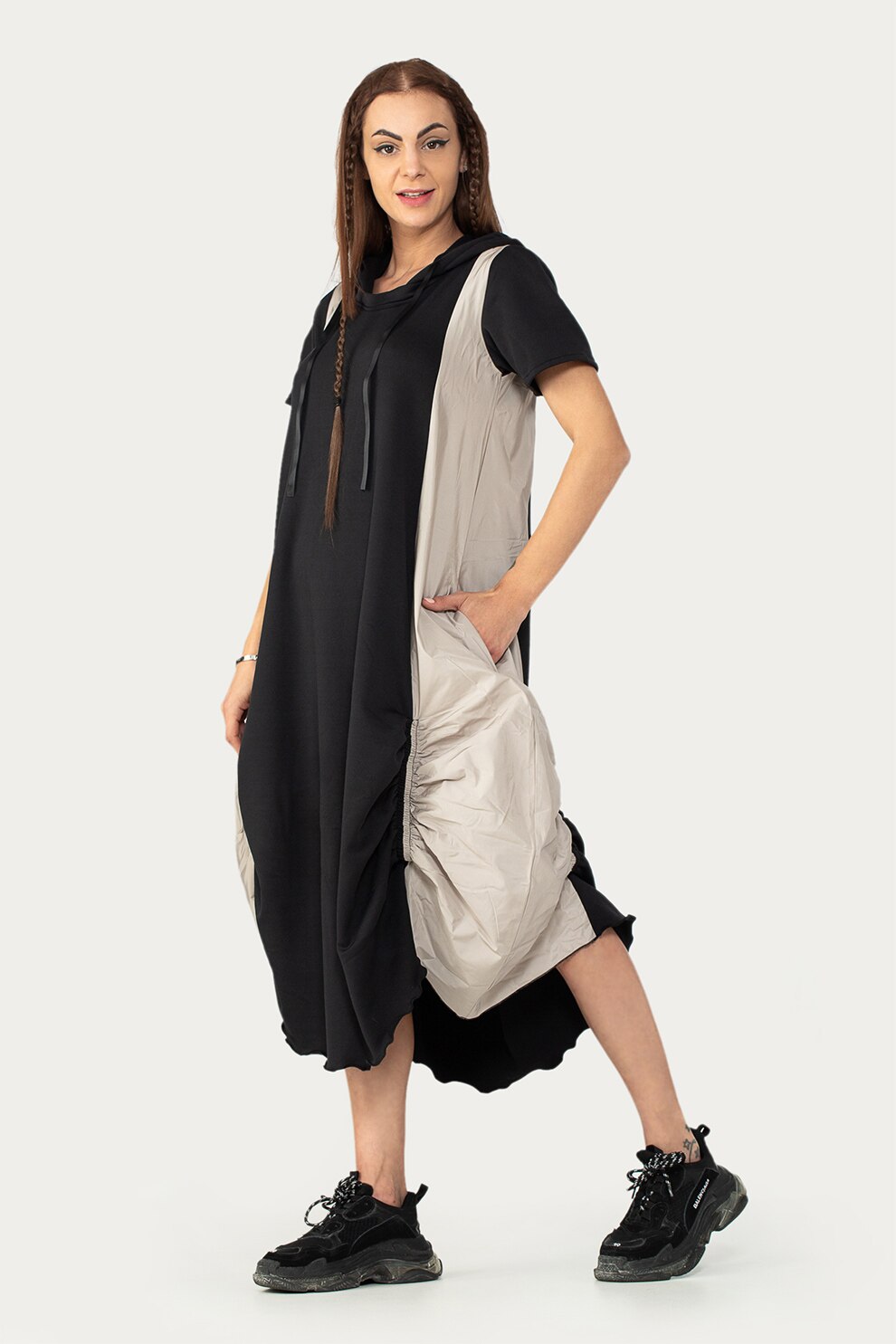 Antonia M, Rochie midi tip hanorac cu fronseuri, Negru/Bej deschis