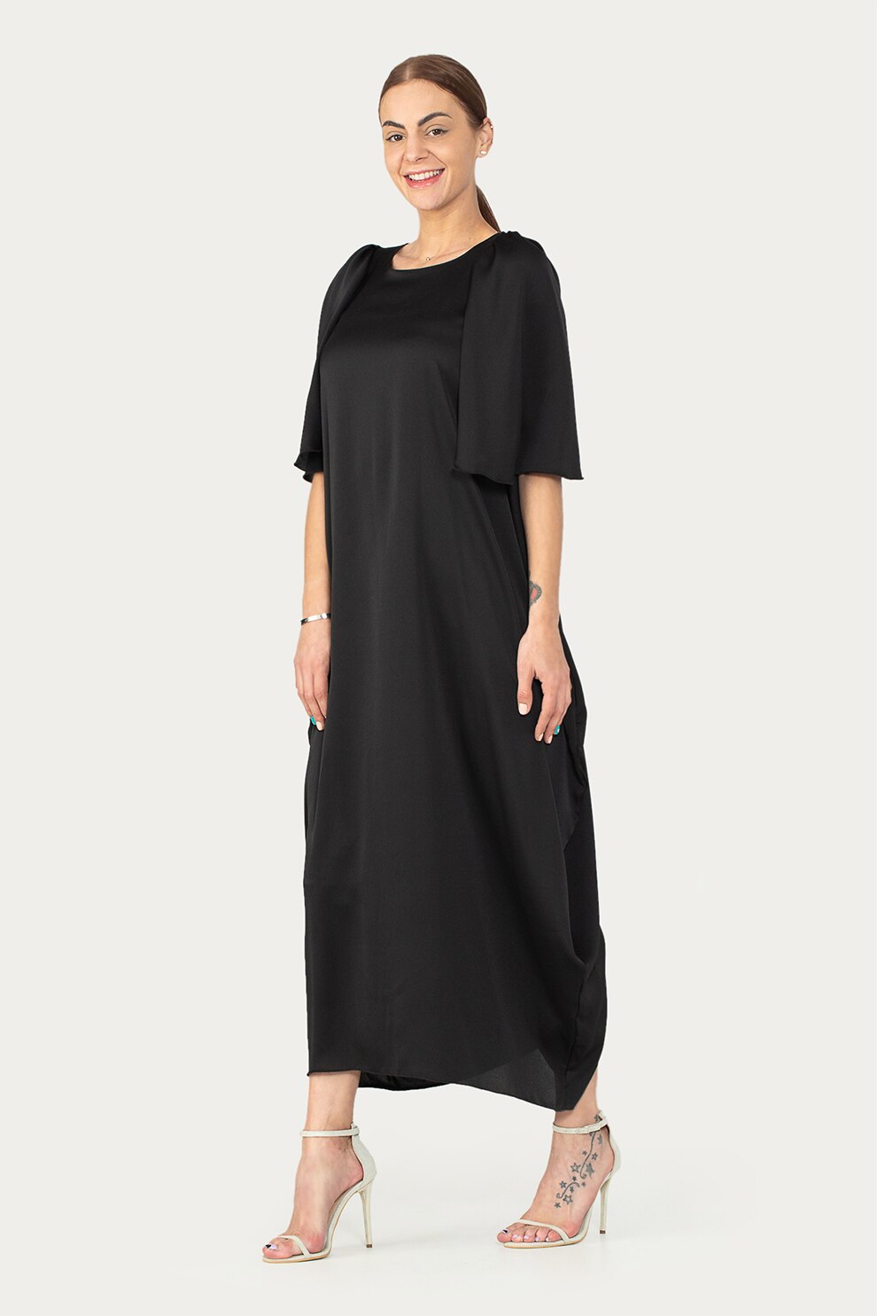 Antonia M, Rochie lejera din satin cu maneci bufante, Negru, S
