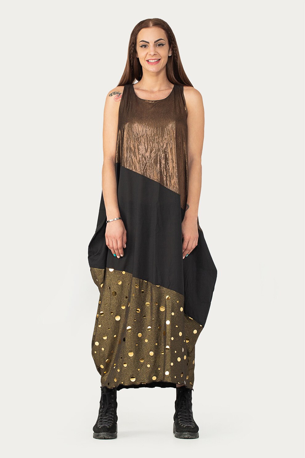 Antonia M, Rochie fara maneci cu aspect bufant, Negru/kaki/maro bronz