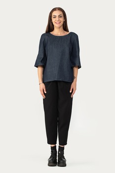 Antonia M, Bluza cu decolteu pe partea din spate si aspect de denim, Bleumarin inchis, One Size Antonia M, Bluza cu decolteu pe partea din spate si aspect de denim, Bleumarin inchis, One Size