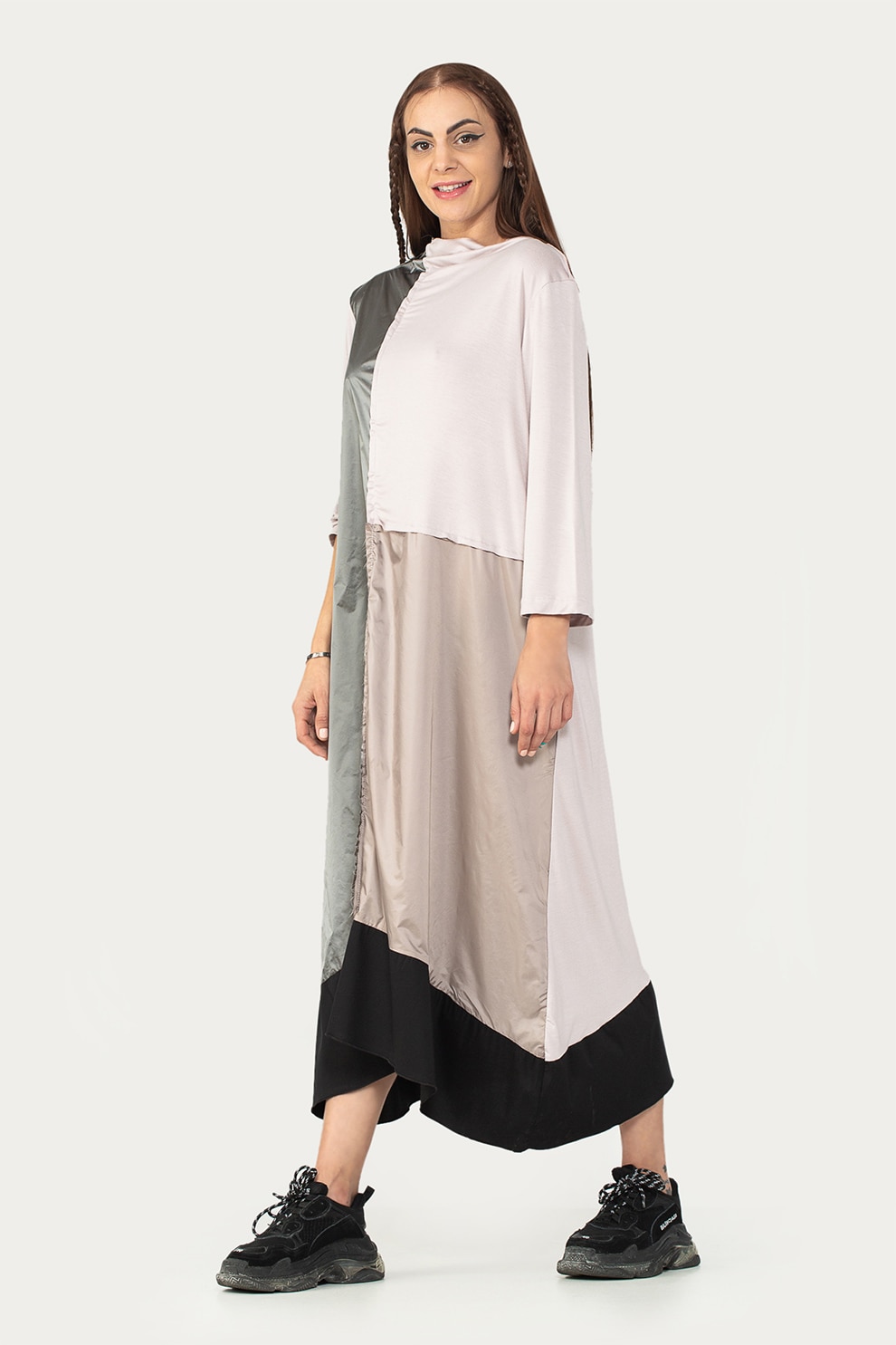 Antonia M, Rochie midi asimetrica cu croiala in A, Maro deschis taupe/kaki/bej deschis