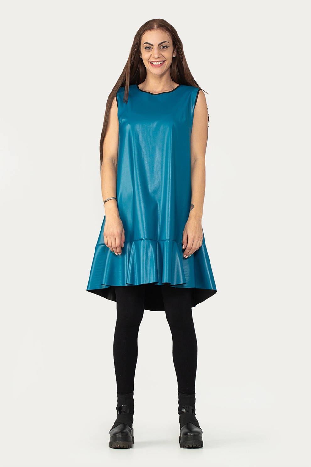 Antonia M, Rochie din piele ecologica cu terminatie asimetrica, Albastru