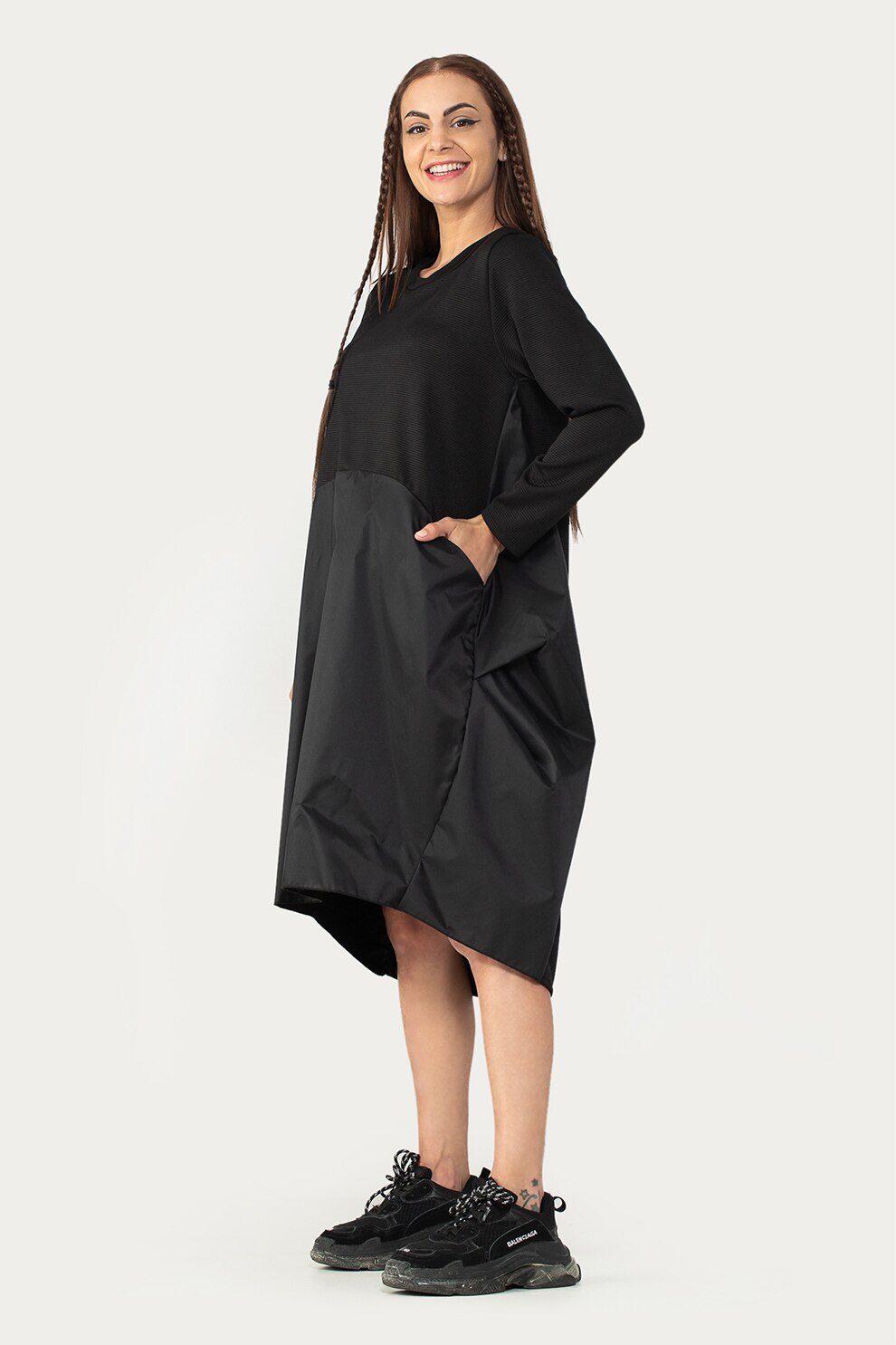 Antonia M, Rochie midi lejera cu croiala asimetrica, Negru