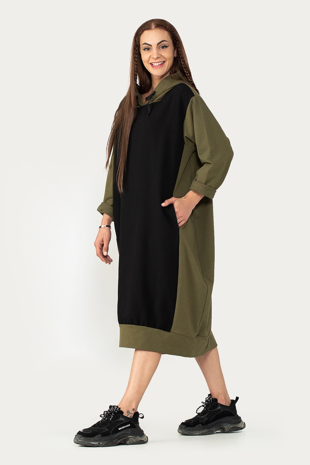Antonia M, Rochie-hanorac cu model supradimensionat, Negru/Kaki