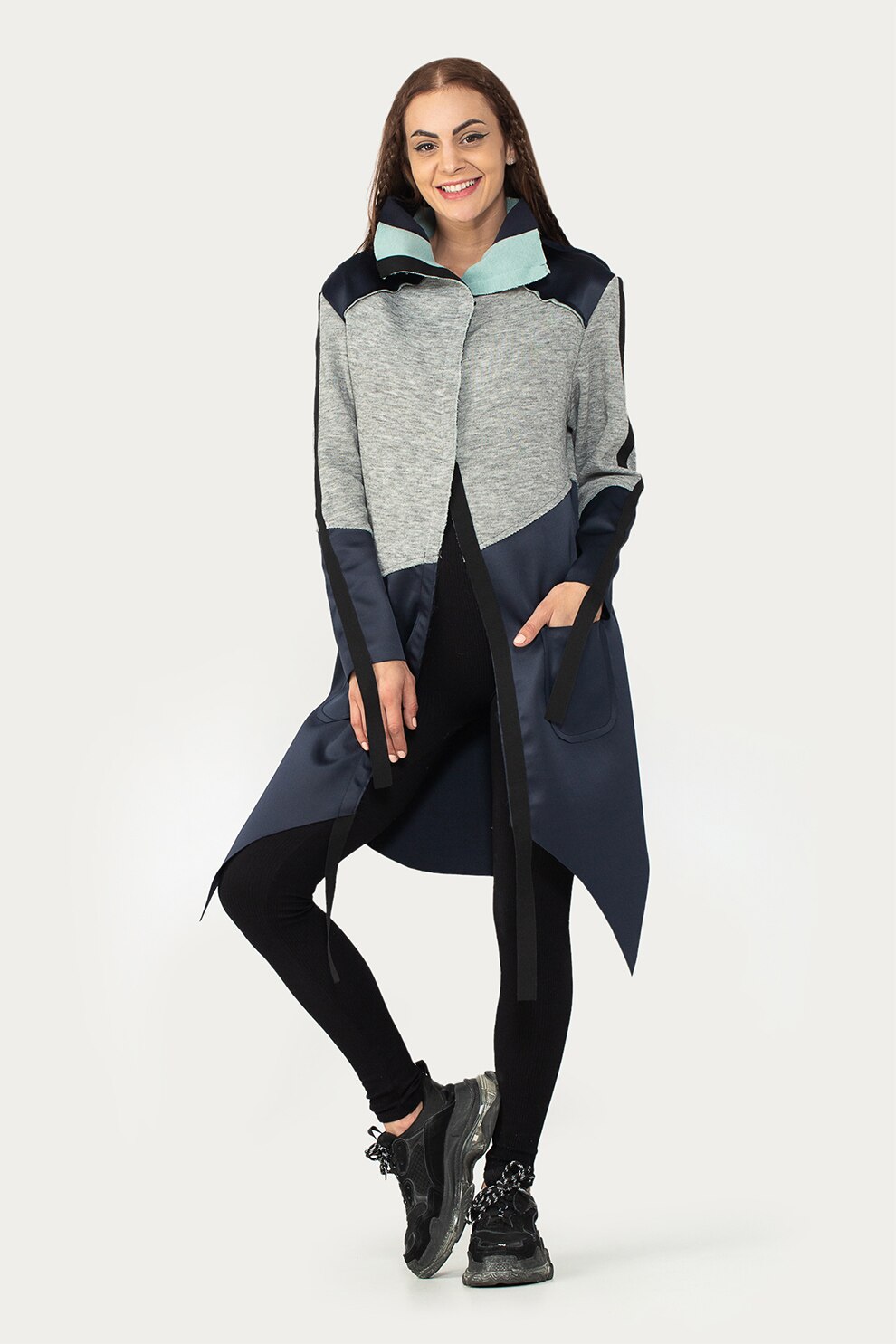 Antonia M, Jacheta asimetrica cu buzunare, Gri melange/Bleumarin inchis