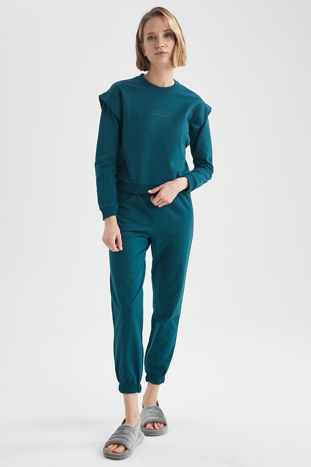 DeFacto, Pijama de bumbac cu umeri accentuati, Albastru petrol, XL