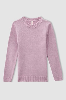 DeFacto, Pulover cu decolteu la baza gatului si garnituri striate, Lila DeFacto, Pulover cu decolteu la baza gatului si garnituri striate, Lila