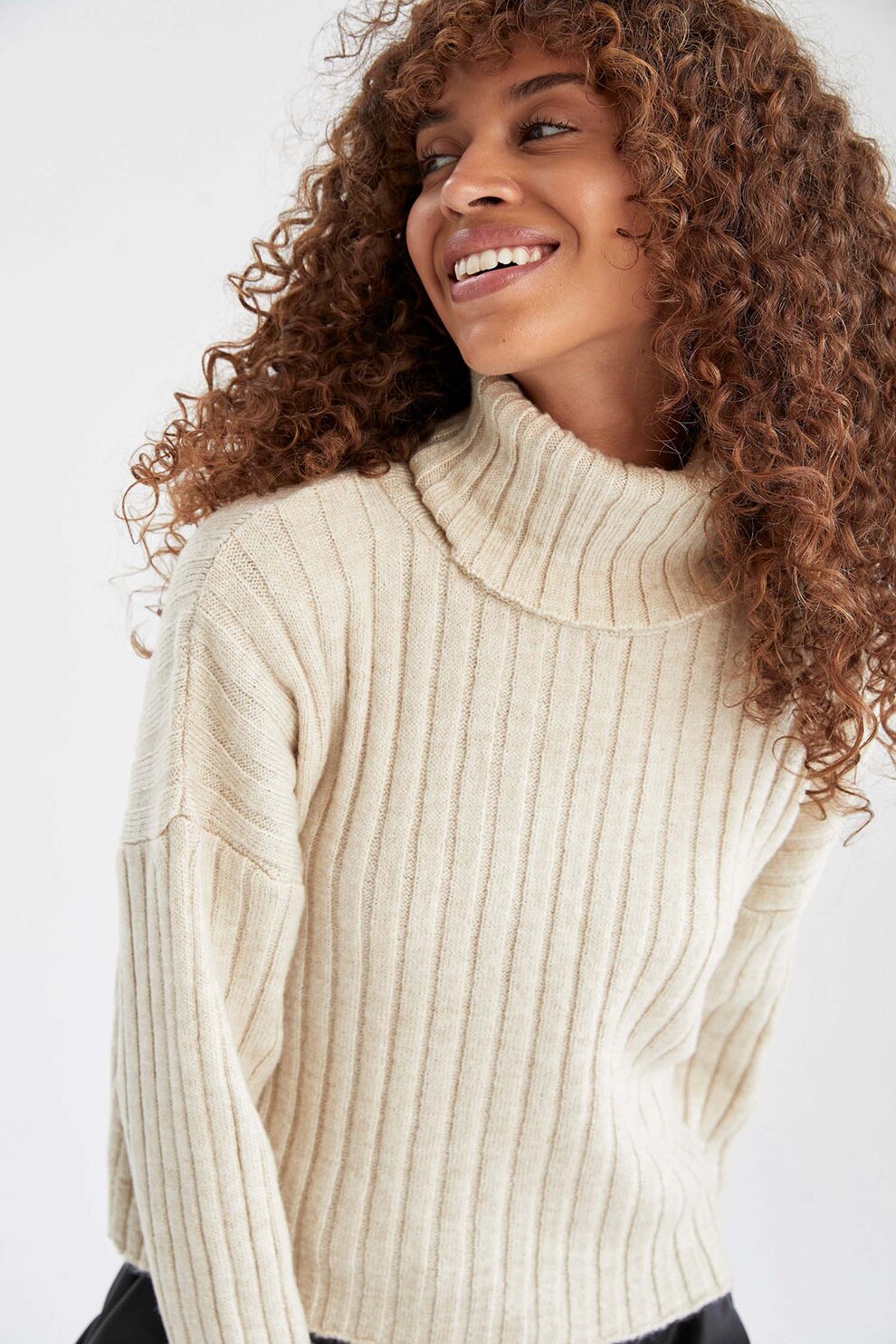 DeFacto, Pulover striat cu guler inalt, Bej melange, XL