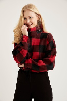 DeFacto, Bluza sport de casa in carouri cu guler inalt, Rosu/Negru DeFacto, Bluza sport de casa in carouri cu guler inalt, Rosu/Negru