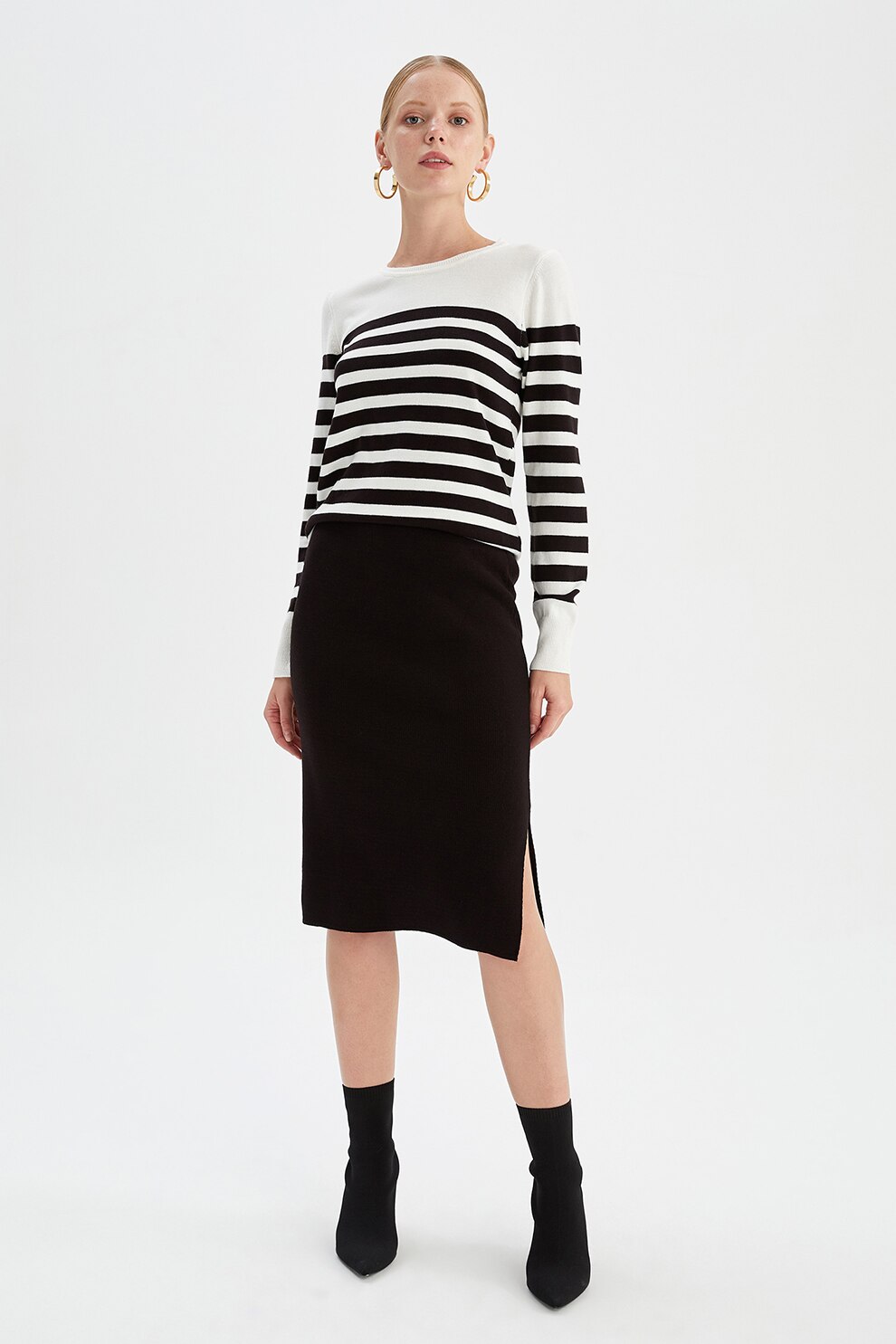 DeFacto, Fusta midi tricotata cu slituri laterale, Negru