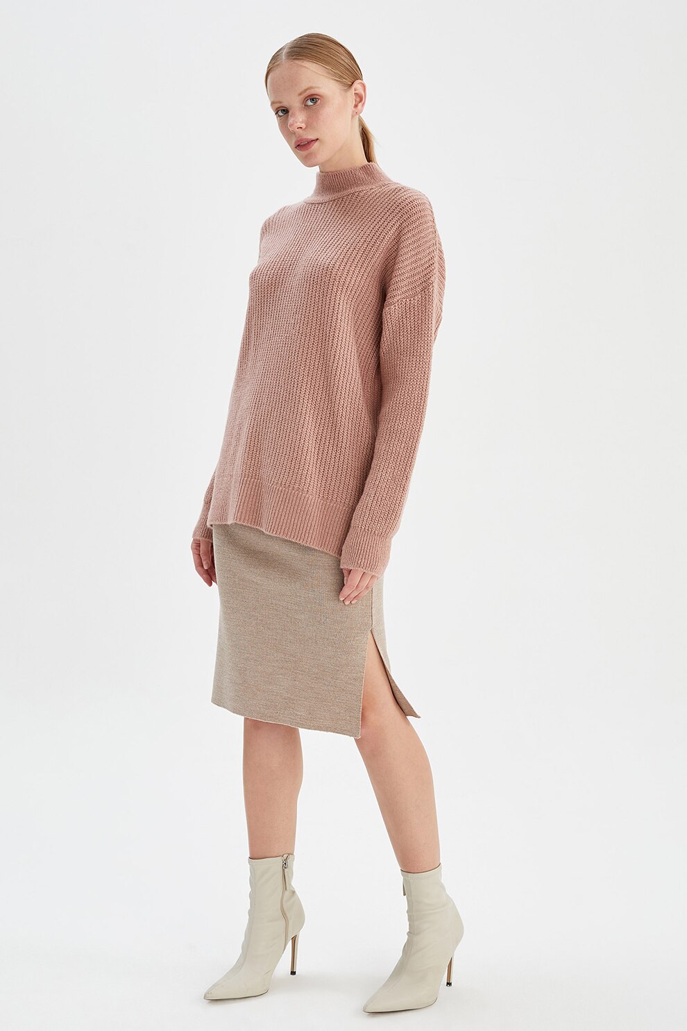 DeFacto, Fusta midi tricotata cu slituri laterale, Maro nisip
