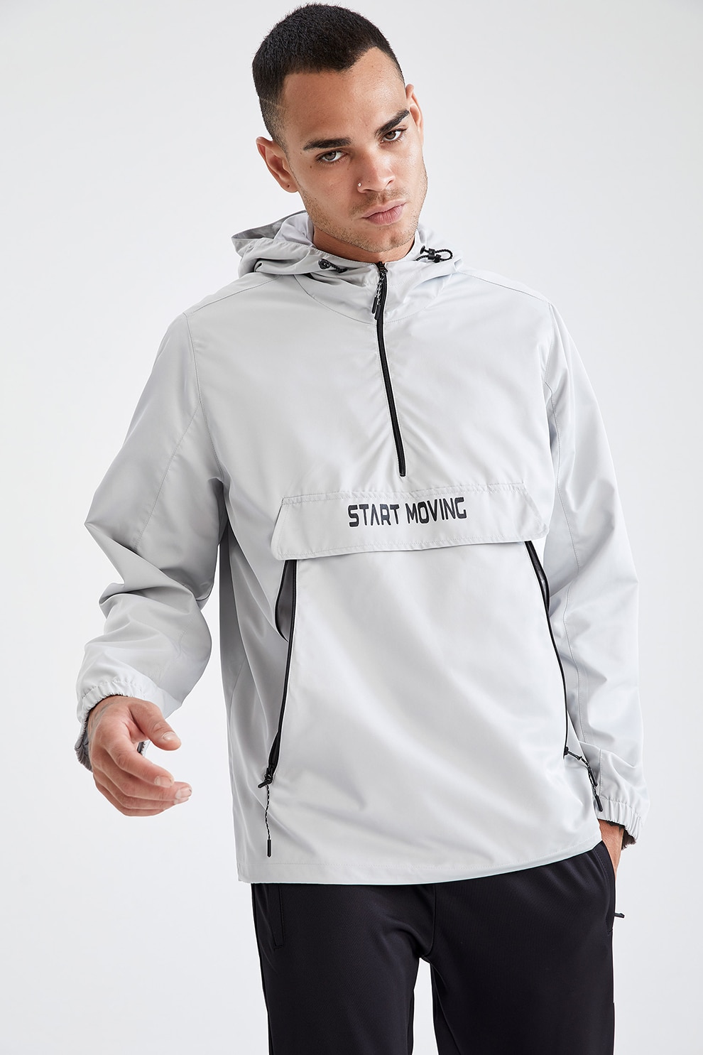 DeFacto, Jacheta regular fit fara inchidere, cu text, Gri deschis