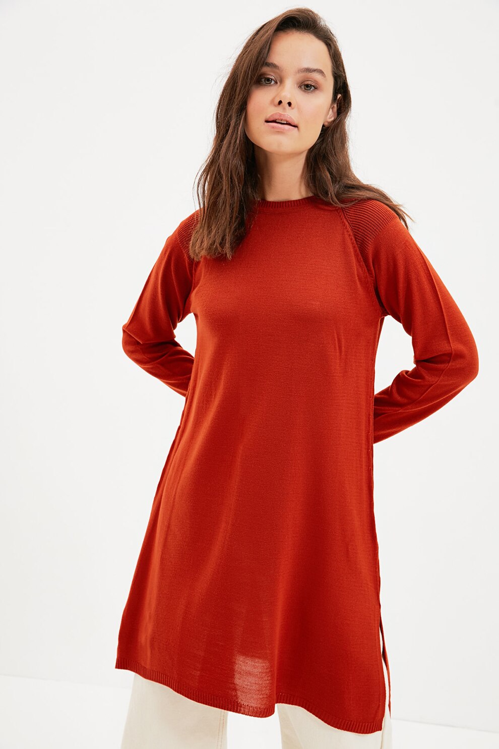 Trendyol, Pulover lung tricotat fin cu maneci cazute, Rosu caramiziu, S-M