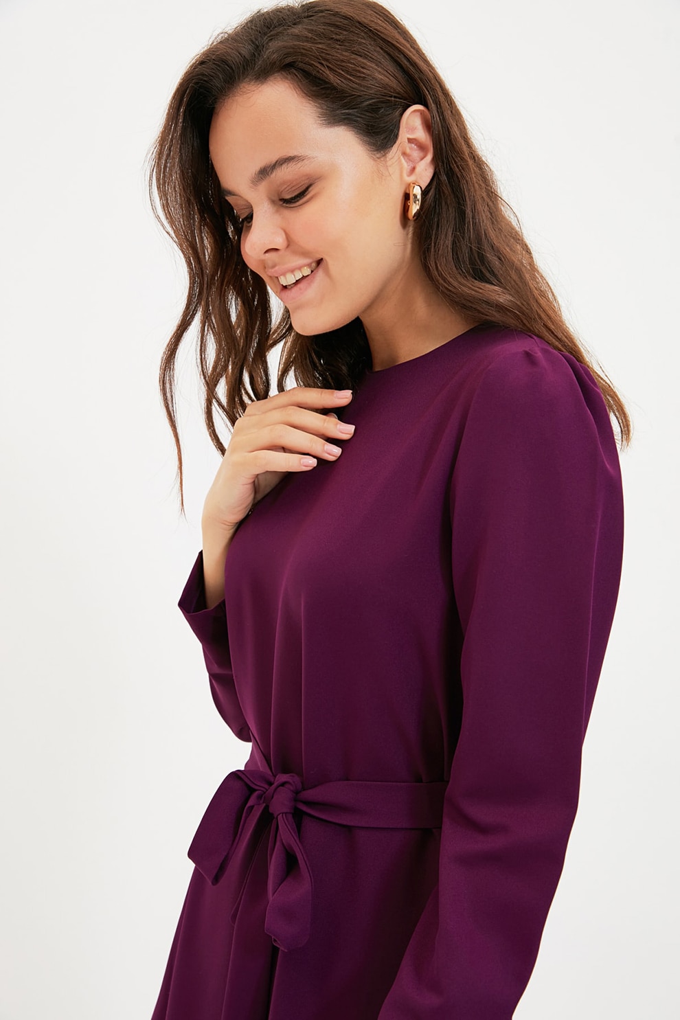 Trendyol, Rochie maxi cu maneci bufante si terminatie evazata, Violet pruna