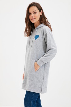 Trendyol, Hanorac lejer cu buzunar kangaroo, Gri melange/Albastru Trendyol, Hanorac lejer cu buzunar kangaroo, Gri melange/Albastru