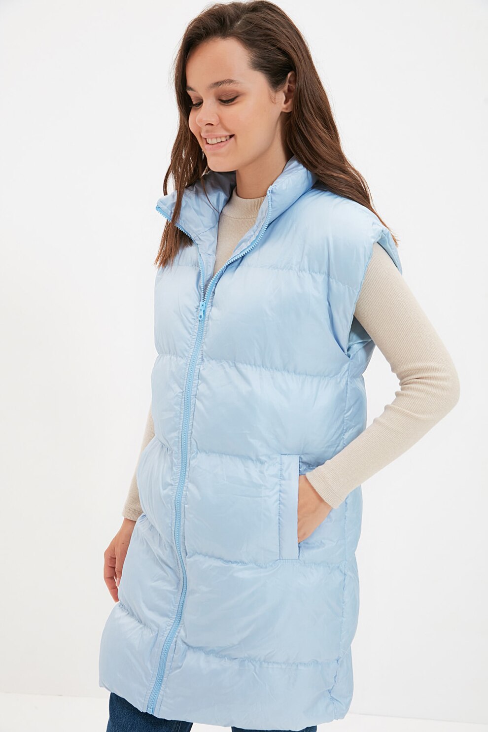 Trendyol, Vesta lunga cu aspect matlasat, Albastru pastel