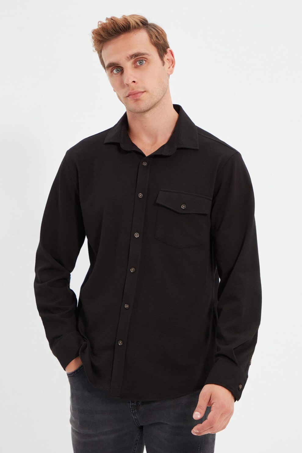 Trendyol, Camasa slim fit cu buzunare pe piept, Negru
