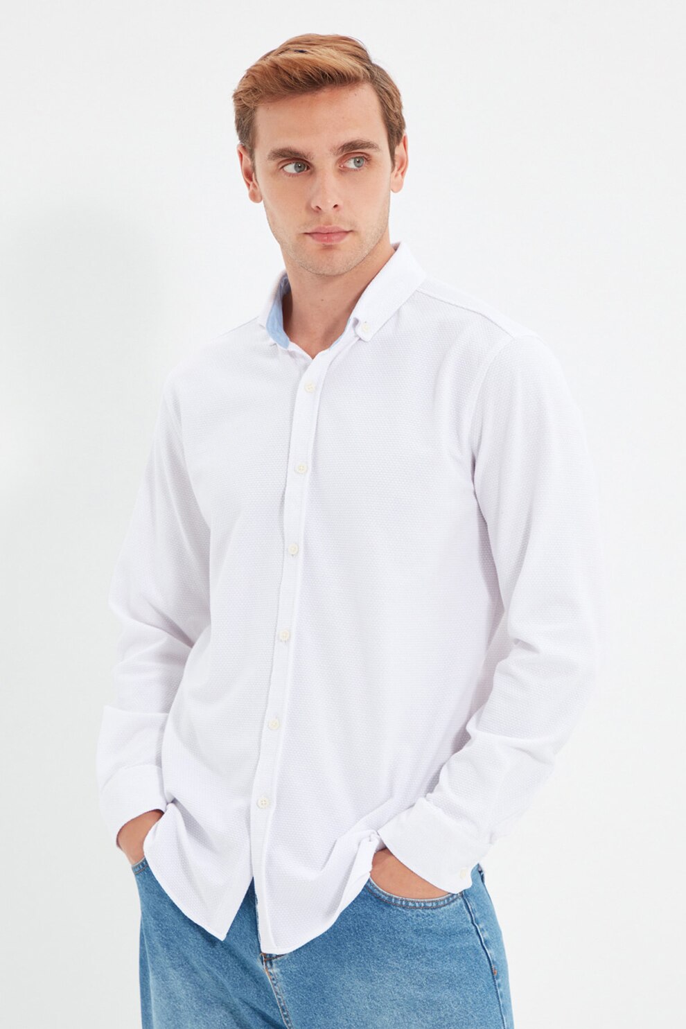 Trendyol, Camasa slim fit cu aspect texturat, Alb optic