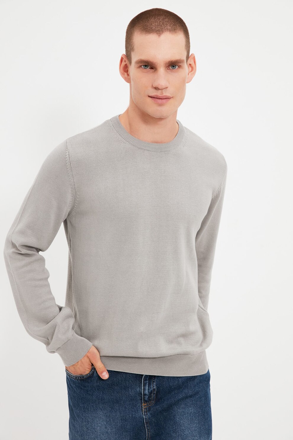 Trendyol, Pulover slim fit de bumbac, Gri cenusa