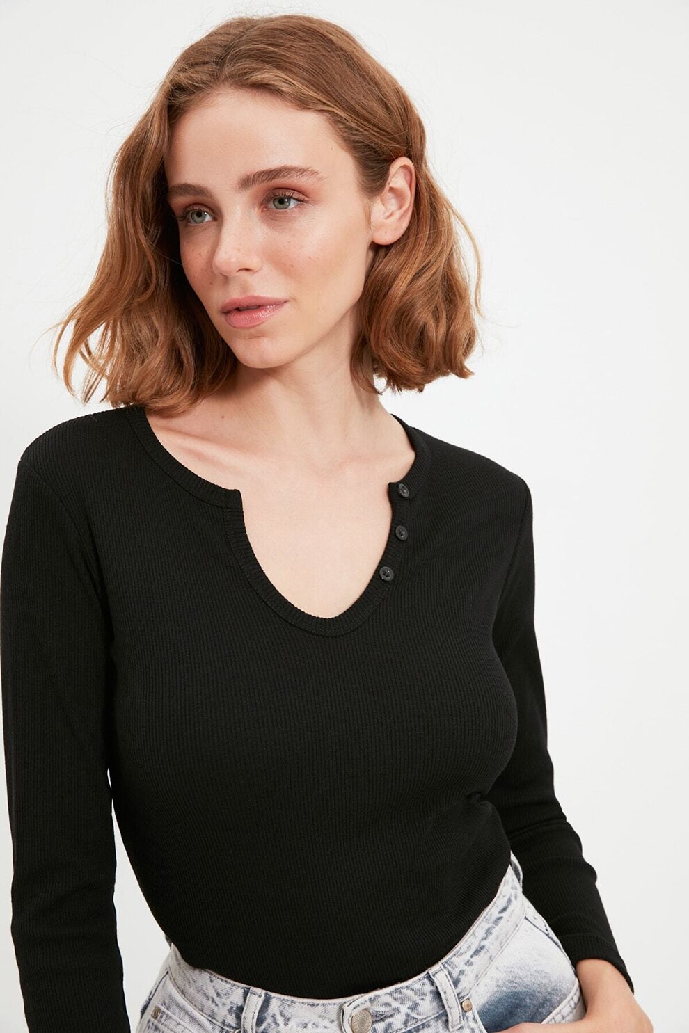 Trendyol, Bluza slim fit striata, Negru