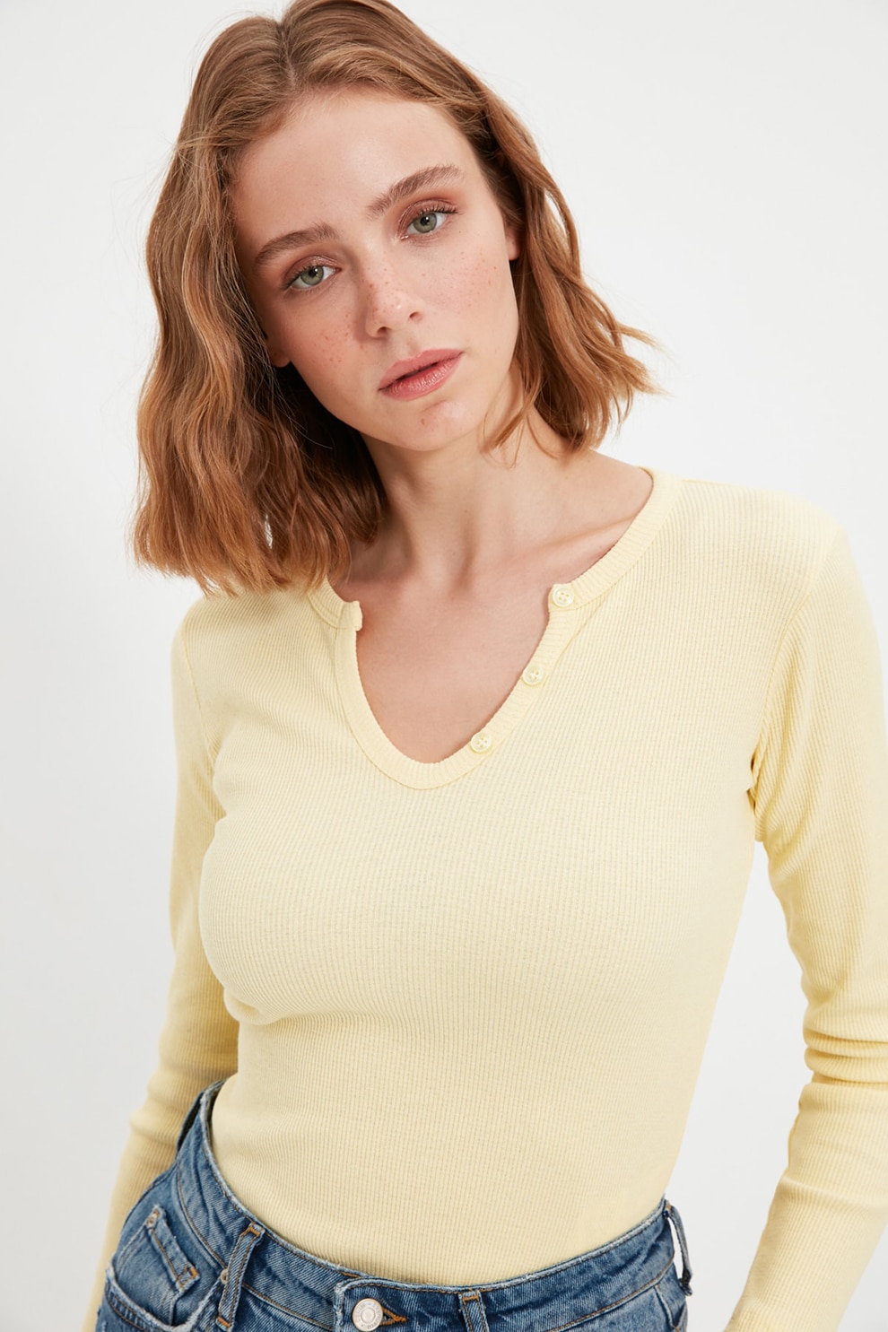 Trendyol, Bluza slim fit striata, Galben