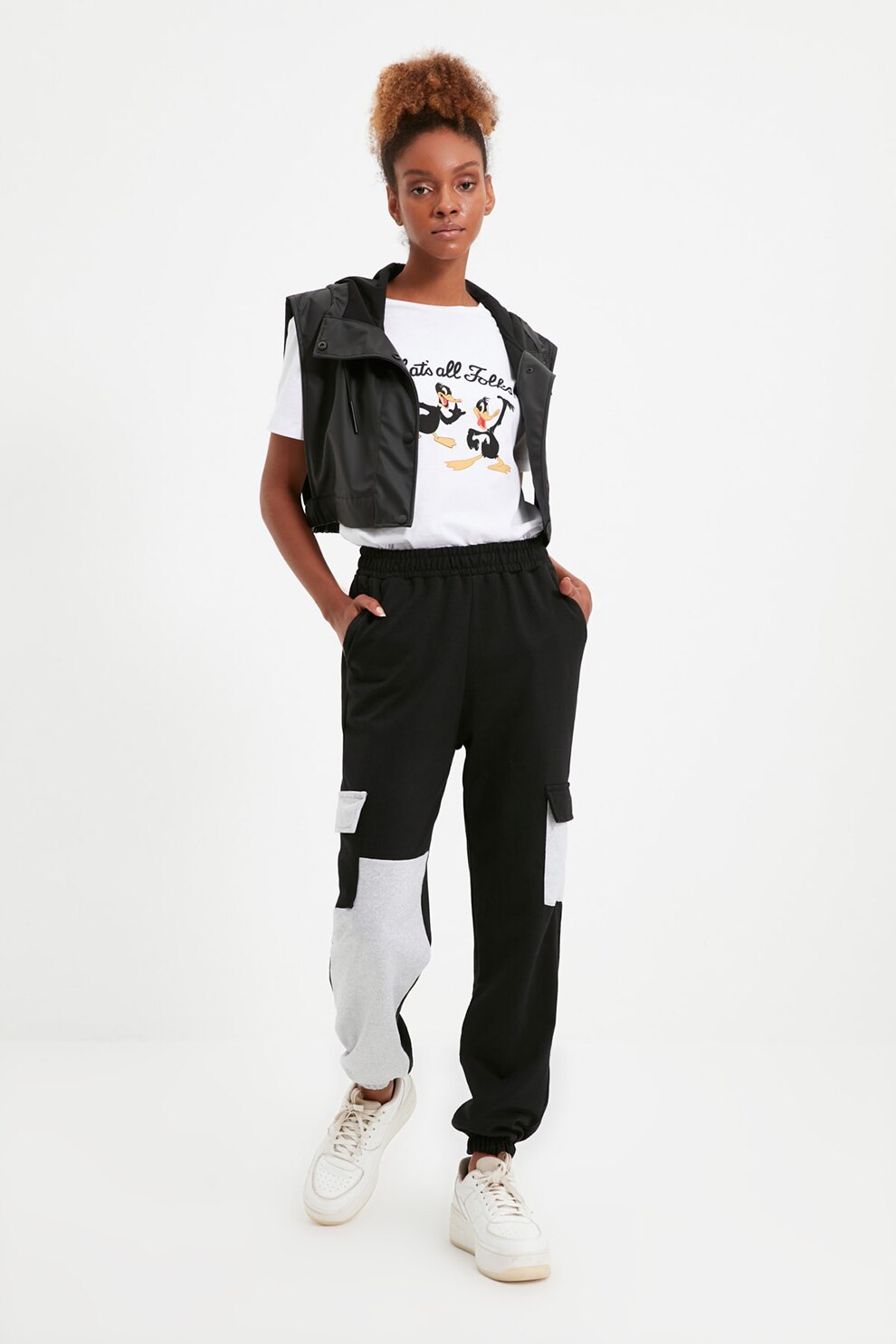 Trendyol, Pantaloni sport cu talie inalta si detalii contrastante, Negru/Gri deschis