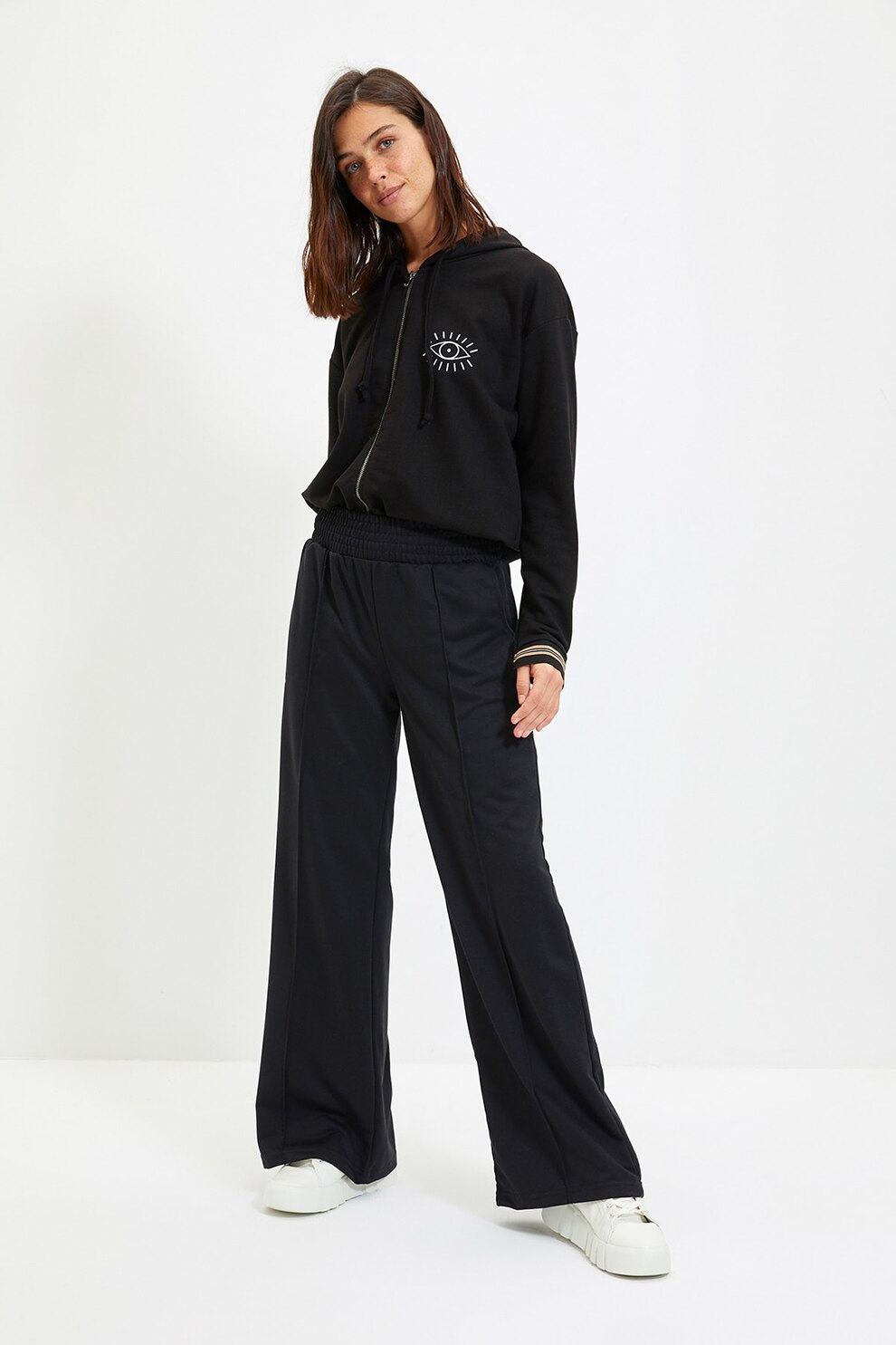 Trendyol, Pantaloni cu croiala ampla si talie elastica, Negru