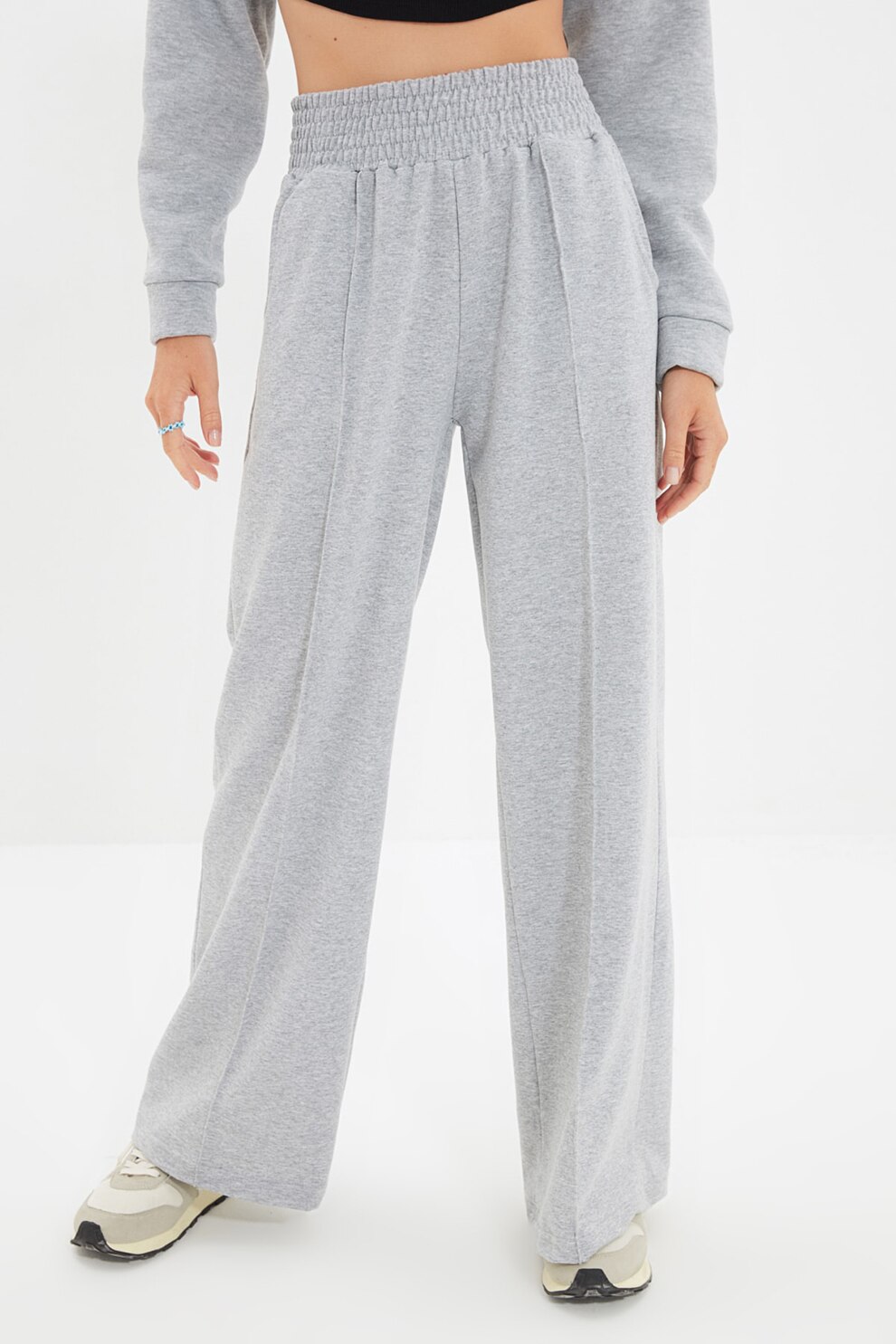 Trendyol, Pantaloni cu croiala ampla si talie elastica, Gri deschis melange