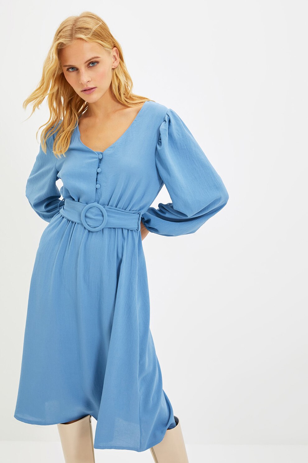 Trendyol, Rochie vaporoasa cu o curea, Albastru lavanda