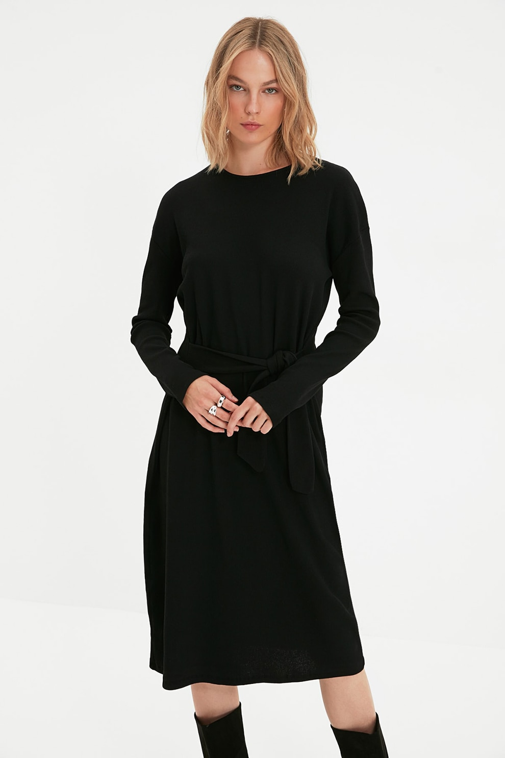 Trendyol, Rochie midi din amestec de bumbac cu un cordon in talie, Negru