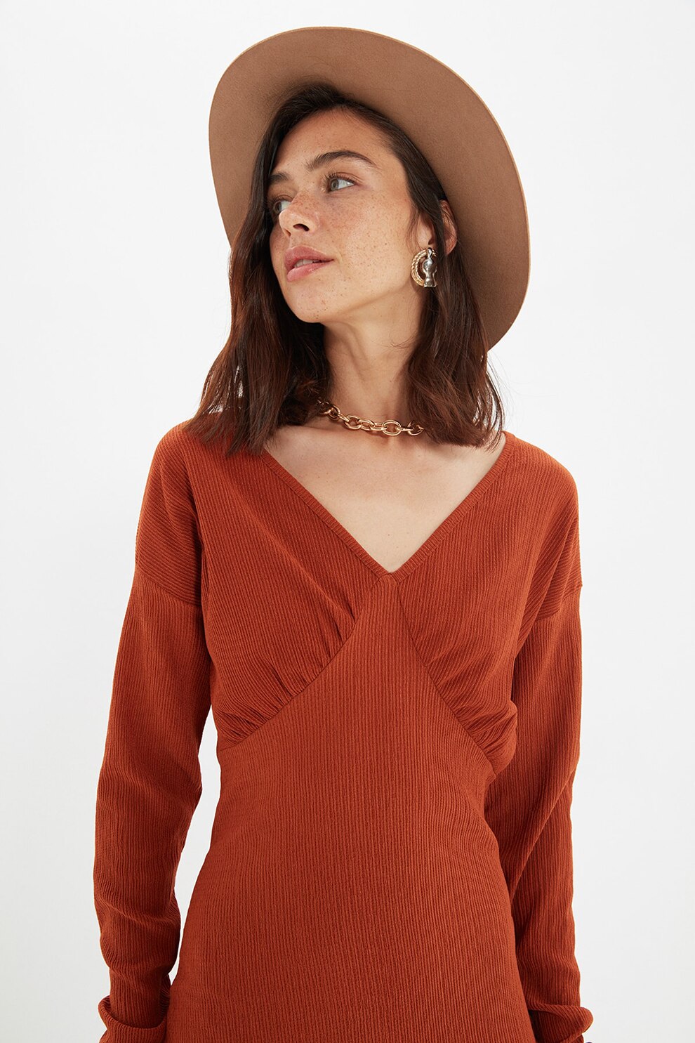 Trendyol, Rochie midi cu decolteu in V, Rosu caramiziu