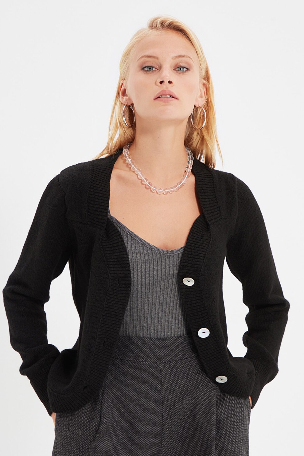 Trendyol, Cardigan tricotat fin cu margini striate, Negru